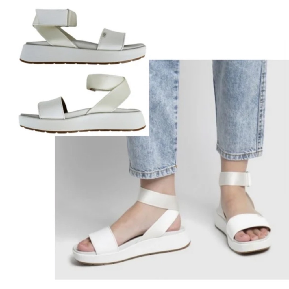 UGG Lennox Textile Patent Leather Strappy White  Mid Platform Wedge Sandals  7